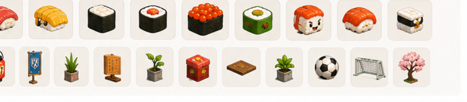 A grid of unlockable Ludofax assets — sushi characters, lanterns, banners, plants, balls